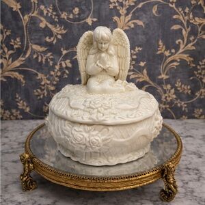 Vintage Bisque Porcelain Praying Angel Trinket Box Matte White Jewelry
